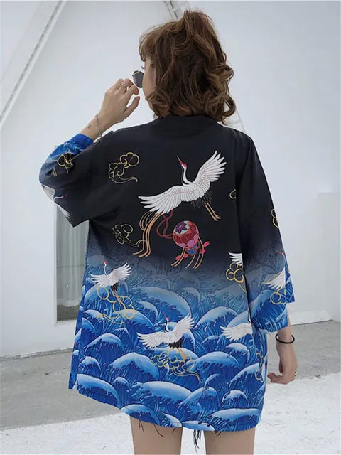 Exquisite Japanese-themed Crane Waves Women's Kimono Cardigan