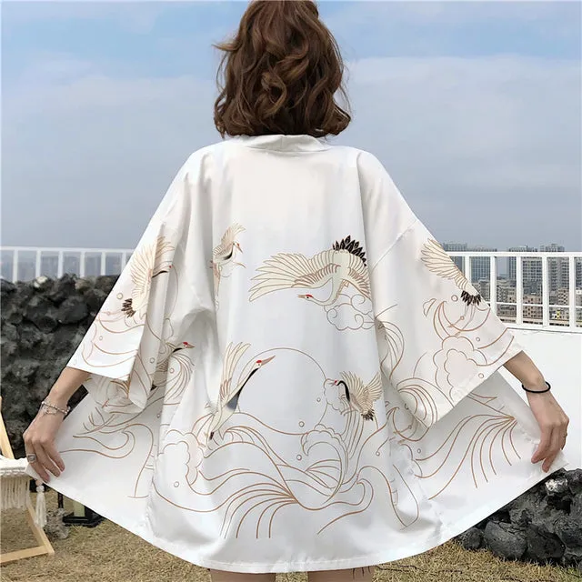 Exquisite Japanese-themed Crane Waves Women's Kimono Cardigan