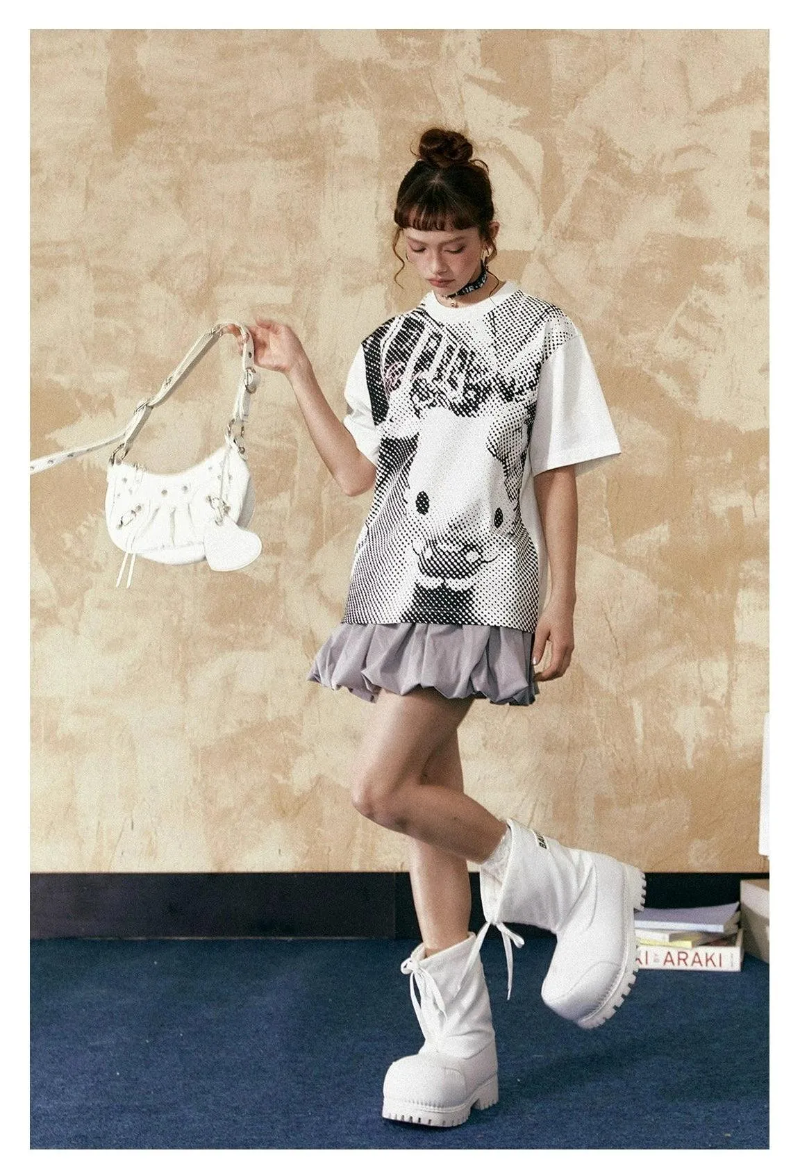 Ezek Artistic Halftone Print White Oversized T-Shirt And Gray Pleated Mini Skirt Set - Unisex Urban Streetwear