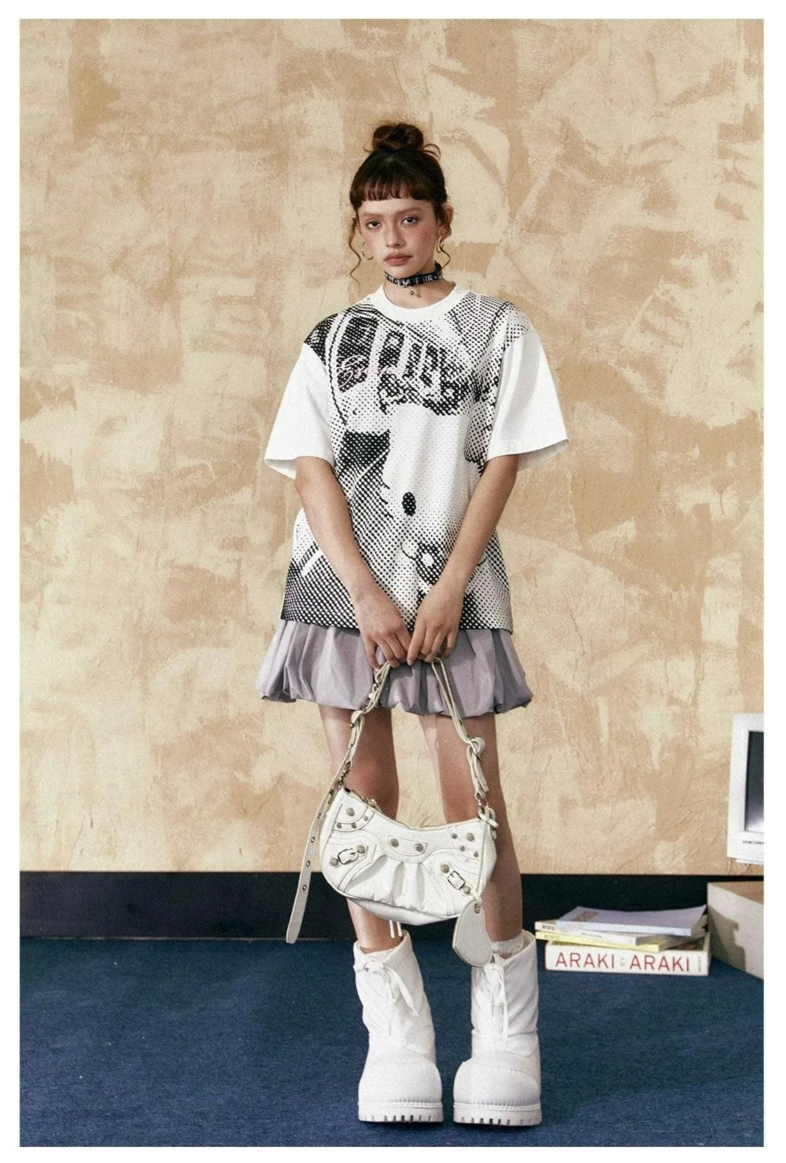 Ezek Artistic Halftone Print White Oversized T-Shirt And Gray Pleated Mini Skirt Set - Unisex Urban Streetwear