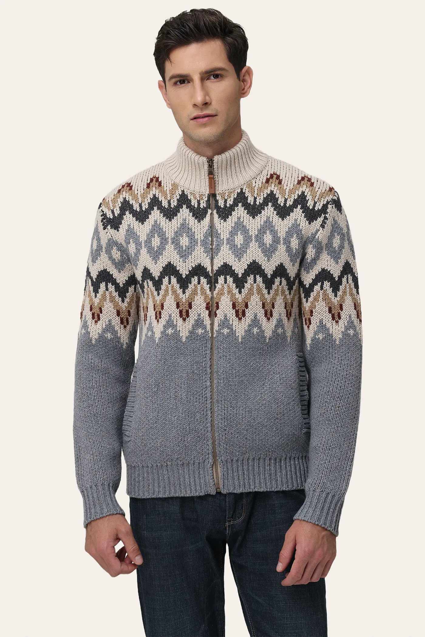 Fair Isle Knit Zip-Front Cardigan