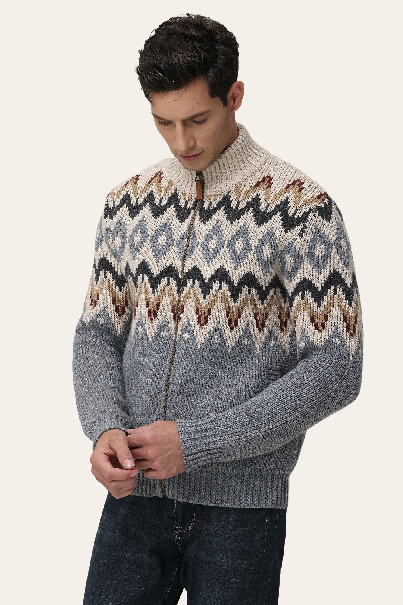 Fair Isle Knit Zip-Front Cardigan