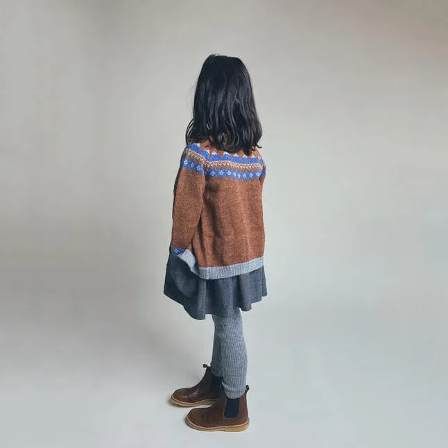 FairIsle Mountain Cardigan - 100% Baby Alpaca - Cedar/Blue (18m-8y)