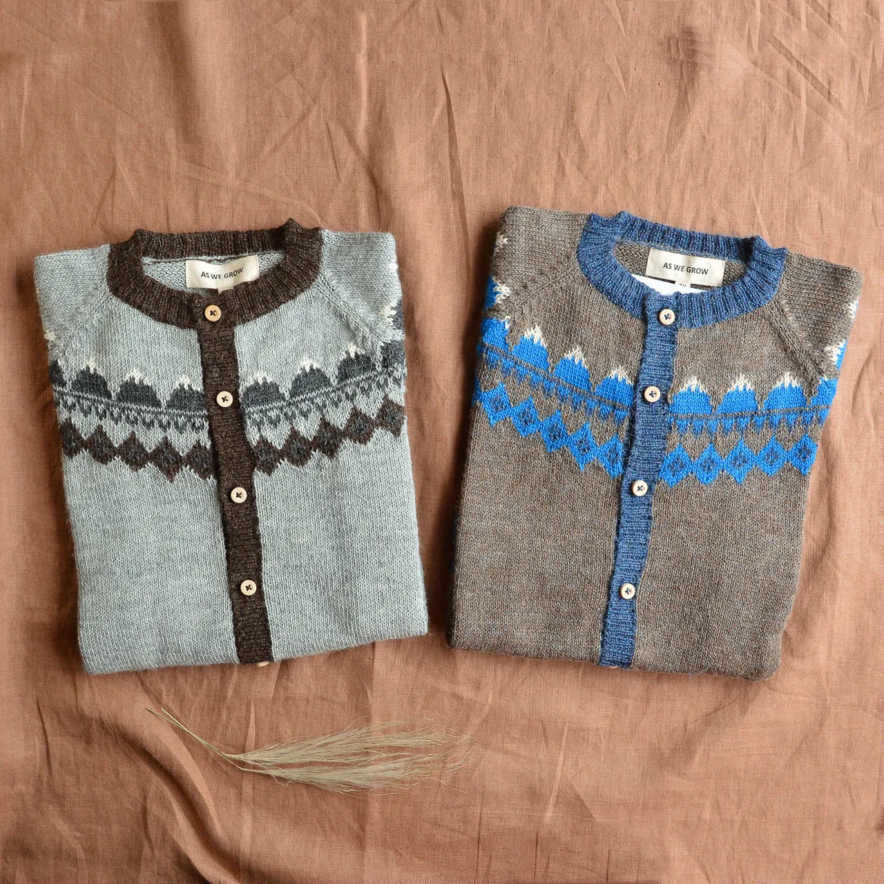 FairIsle Mountain Cardigan - 100% Baby Alpaca - Cedar/Blue (18m-8y)