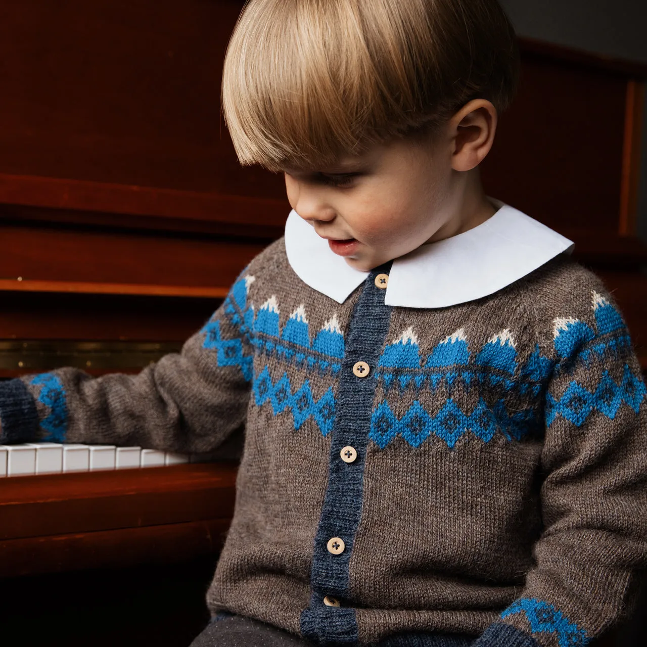 FairIsle Mountain Cardigan - 100% Baby Alpaca - Cedar/Blue (18m-8y)