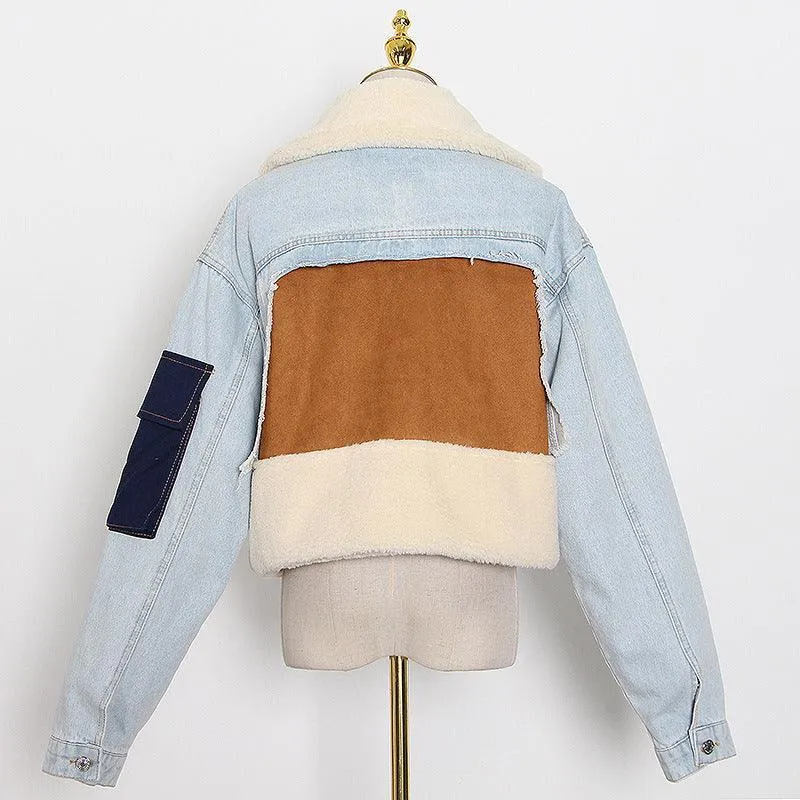 Fashion Stitching Loose Thick Casual Denim Lamb Wool Short Coat