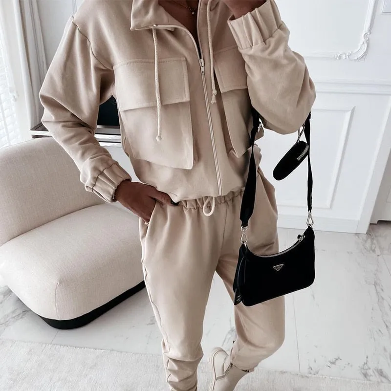 Fashionkova  2022 Spring Autumn Sportswear Outfits Women Fashion Zipper Cardigan And Elastic Waist Pants Tracksuit Casual Solid 2Pcs Suit Set