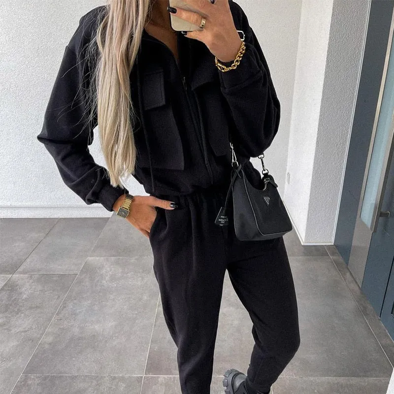 Fashionkova  2022 Spring Autumn Sportswear Outfits Women Fashion Zipper Cardigan And Elastic Waist Pants Tracksuit Casual Solid 2Pcs Suit Set