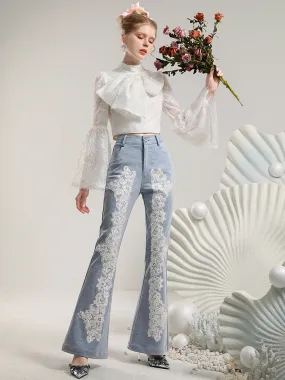 Flare Lace Feminine High-Waist Denim-Pants