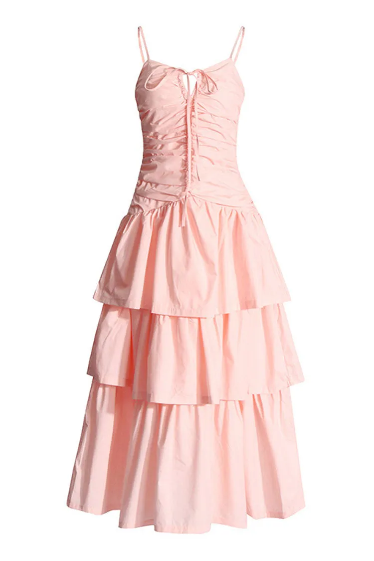 Flowy Tie Neck Drop Waist Smocked Tiered Ruffle Slip Maxi Sundress