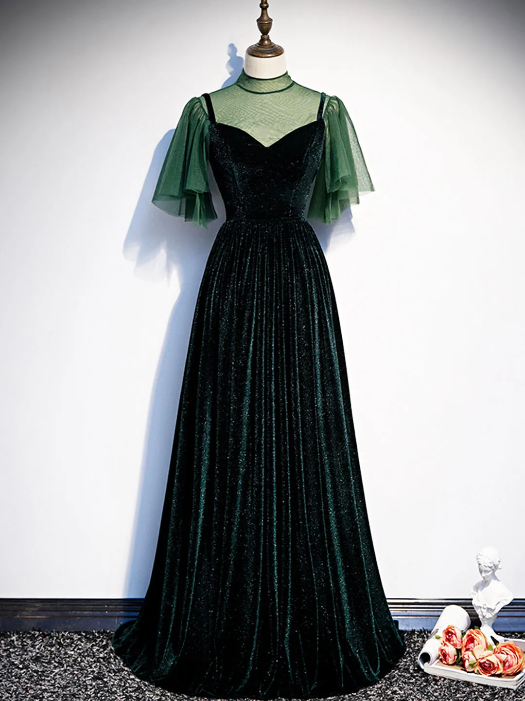 Green Velvet Long Prom Dress, Elegant A-Line Green Evening Dress