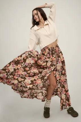 Harvest Dawn Floral Button-Front Maxi Skirt