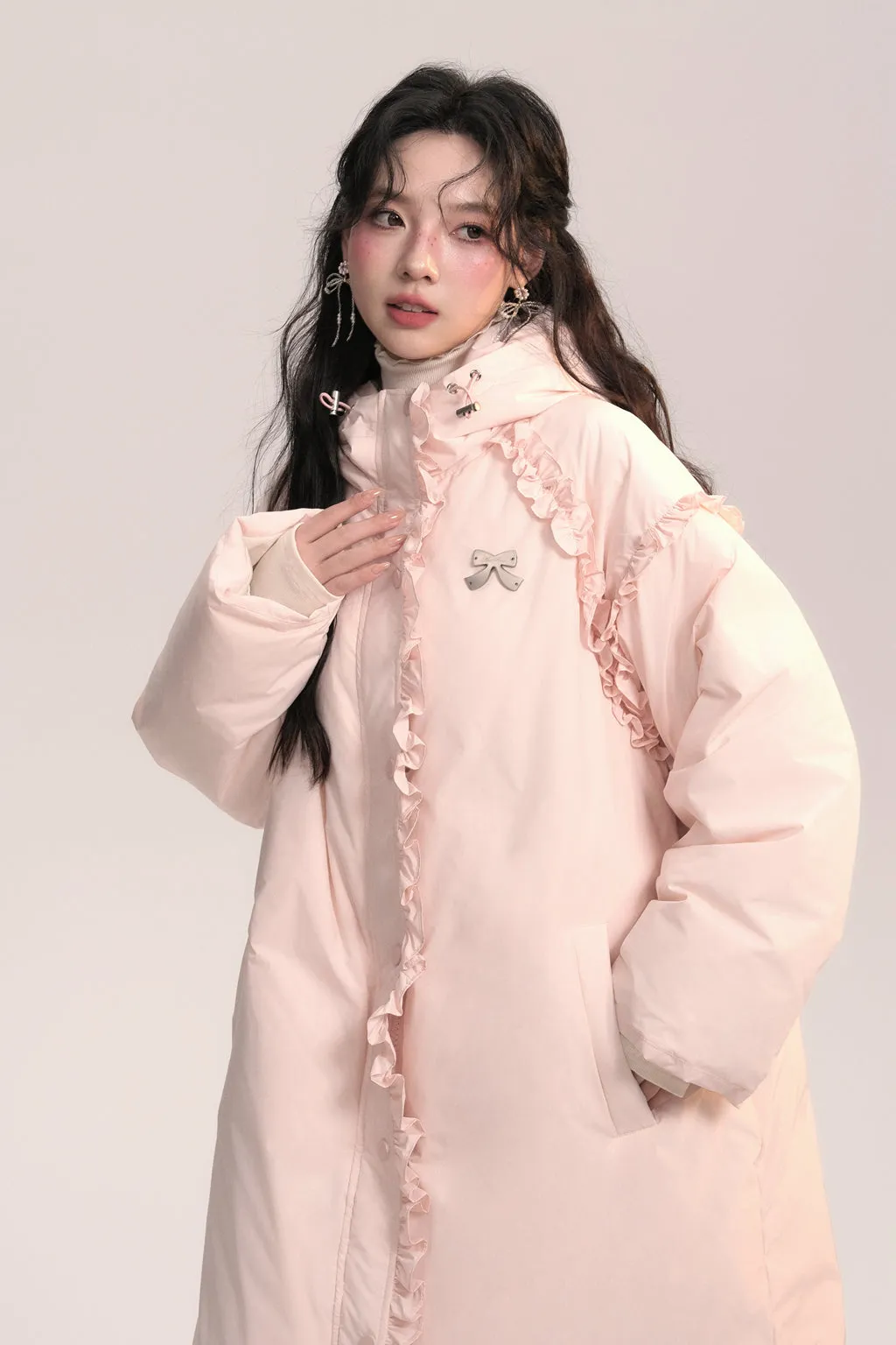 Hooded Lace Long Down Coat AOO0040