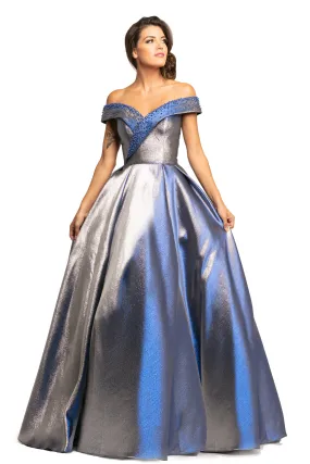 Johnathan Kayne 2072 Size 8 Blue Metallic Shimmer Off Shoulder Ballgown Prom Dress