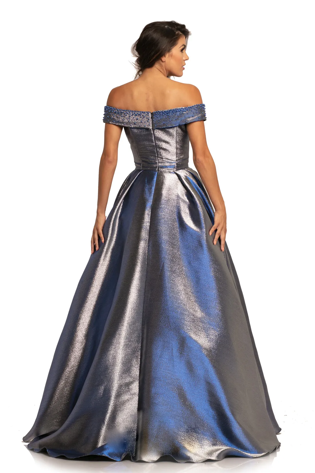 Johnathan Kayne 2072 Size 8 Blue Metallic Shimmer Off Shoulder Ballgown Prom Dress