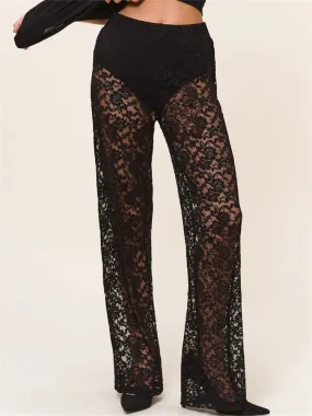 JuliaFashion - Mesh See Through Lace Gothic High Waist Wide Leg Flare Pants