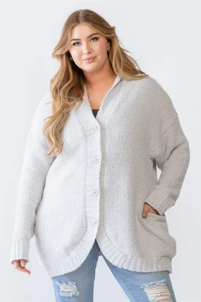 Junior Plus Grey Knit Hooded Soft Sweater Cardigan