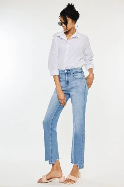 KanCan High-Rise Waist Distressed Raw Hem Wide Leg Mom Denim Jean Pants