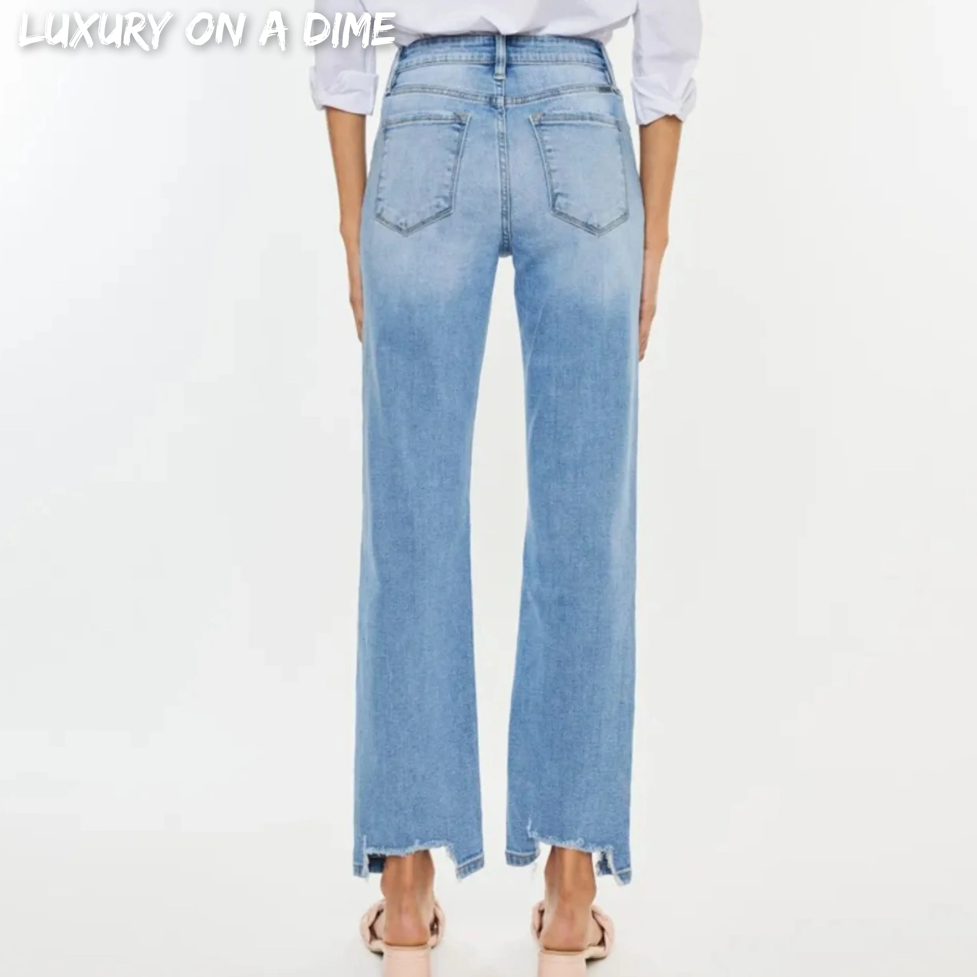 KanCan High-Rise Waist Distressed Raw Hem Wide Leg Mom Denim Jean Pants