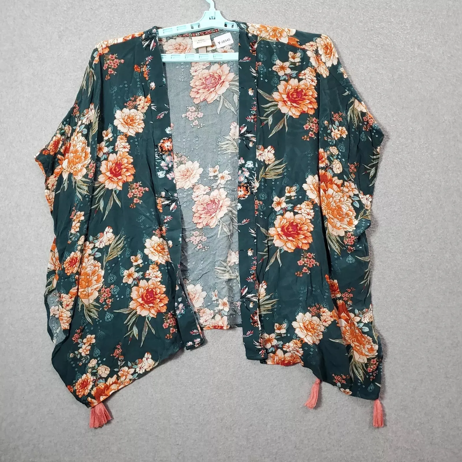 Knox Rose Women Green Floral Kimono Cardigan Tassel Open Front, Size M/L