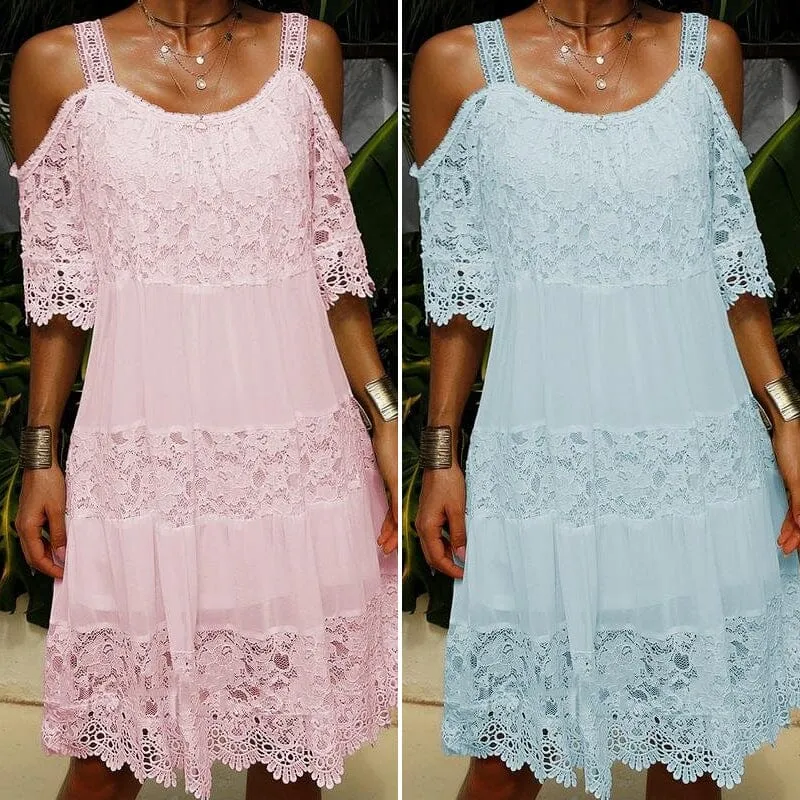 Lace Solid Shift Cold Shoulder Short Sleeves Midi Elegant Dresses