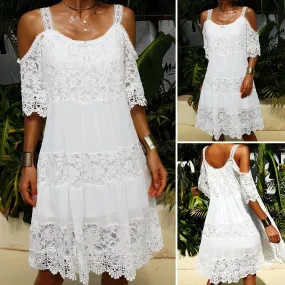 Lace Solid Shift Cold Shoulder Short Sleeves Midi Elegant Dresses