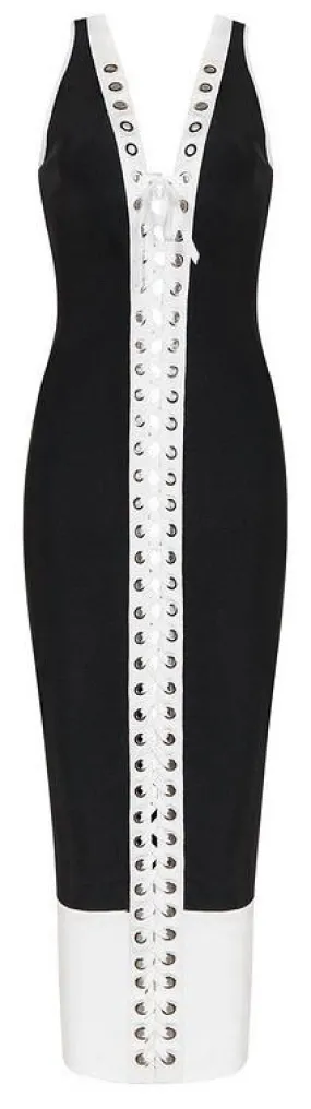 Lace-Up Bodycon Bicolor Dress, Black & White