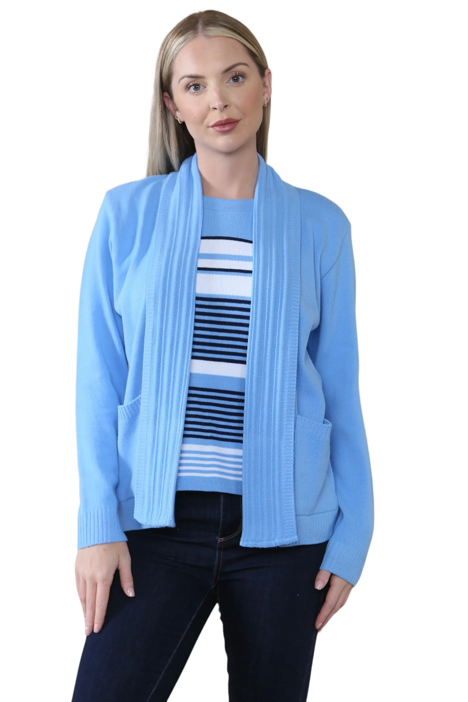 Ladies Twin Set Stripped Sweater Women's Knit Stripe Tank Top Cardigan Jumper