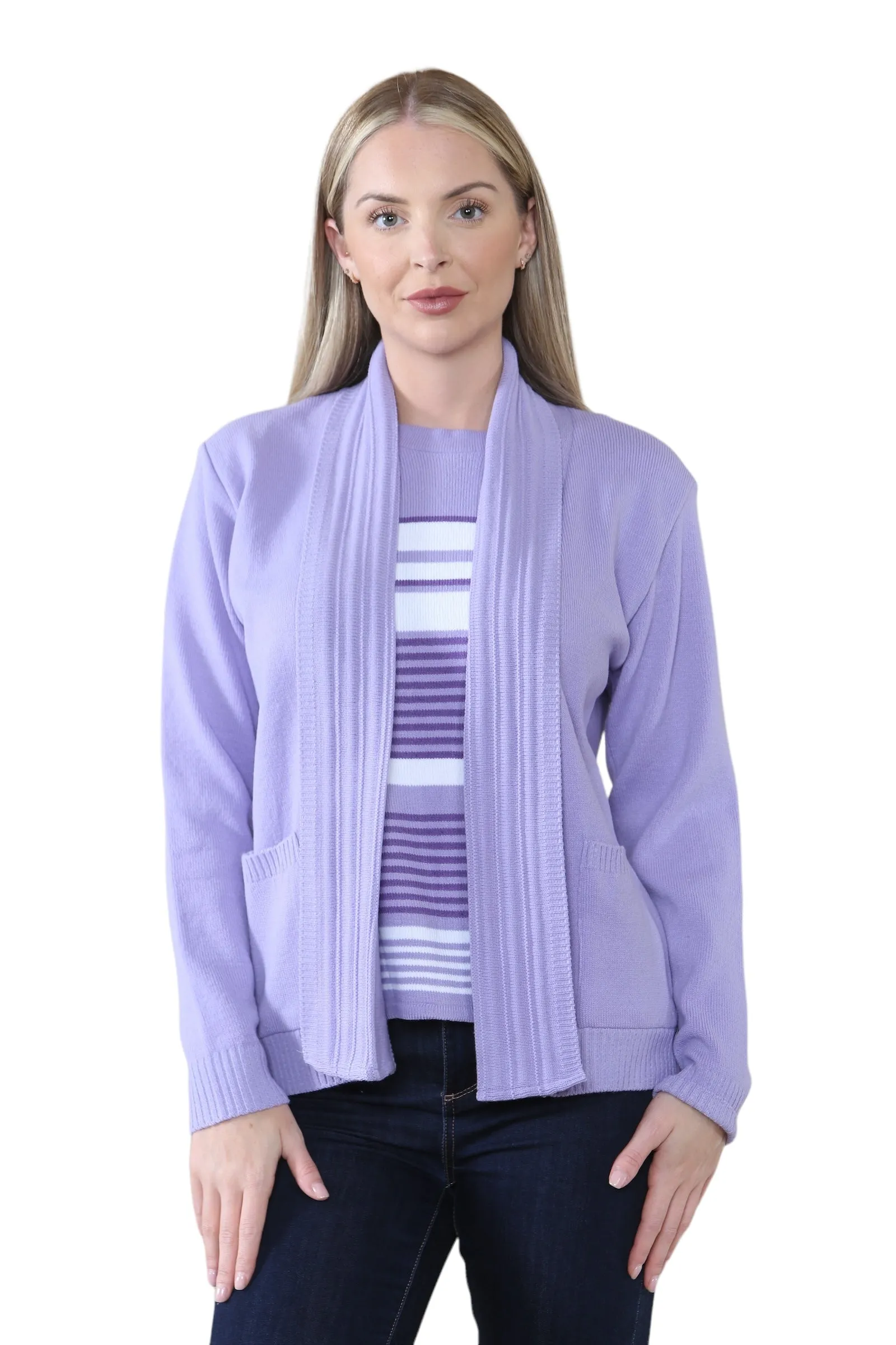 Ladies Twin Set Stripped Sweater Women's Knit Stripe Tank Top Cardigan Jumper