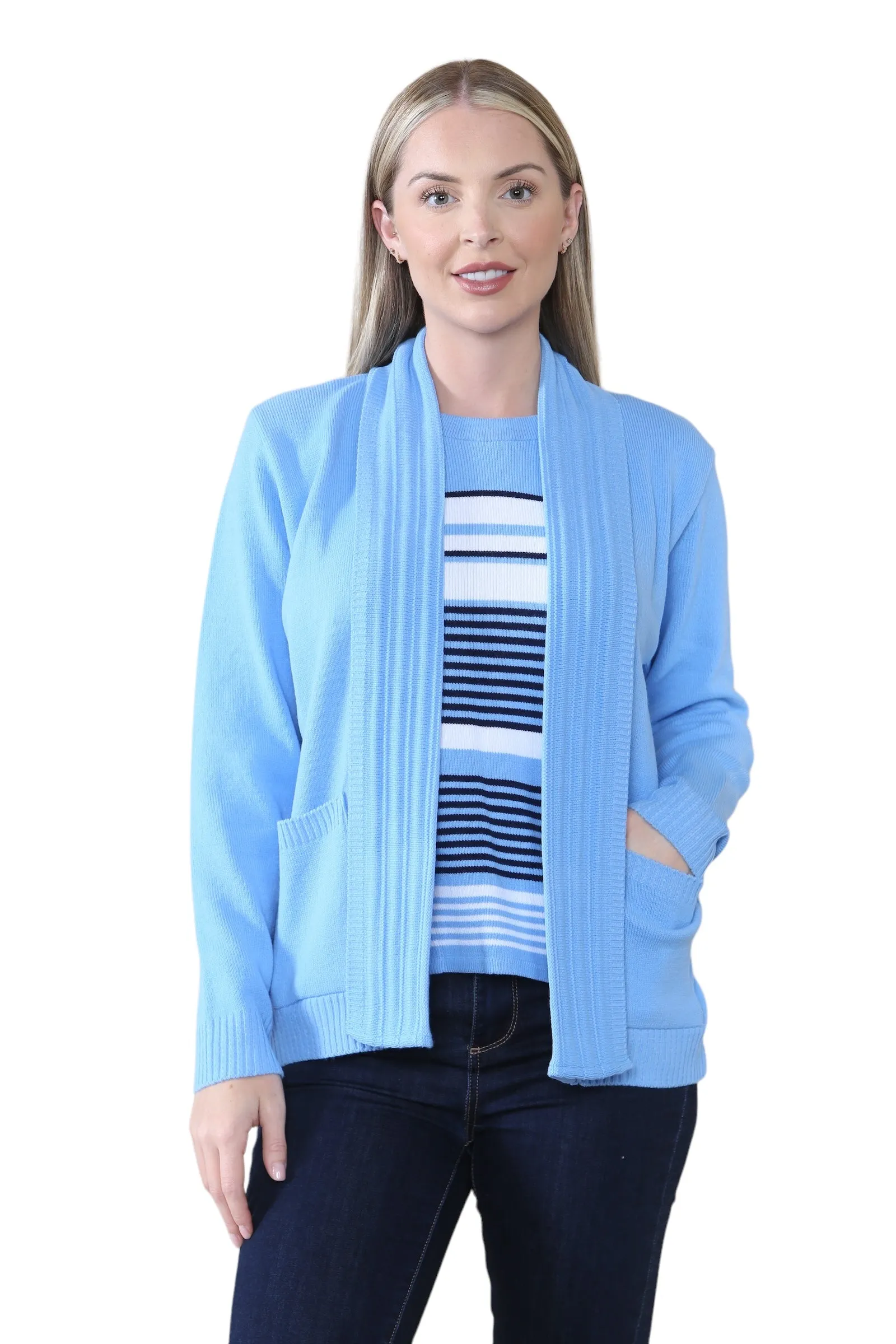 Ladies Twin Set Stripped Sweater Women's Knit Stripe Tank Top Cardigan Jumper