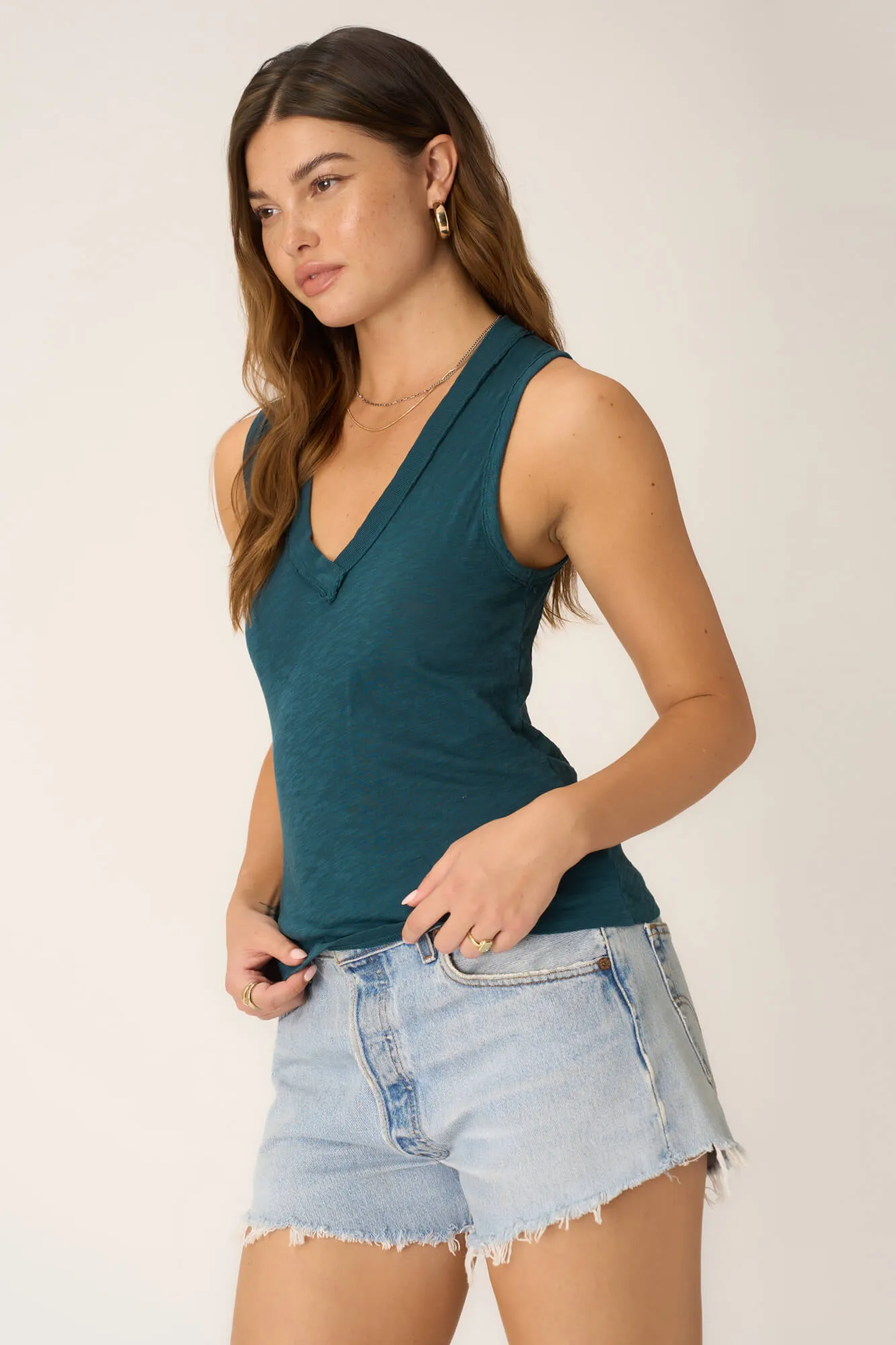 Let Me Know Relaxed Slub V Neck Tank - Oceanic Teal