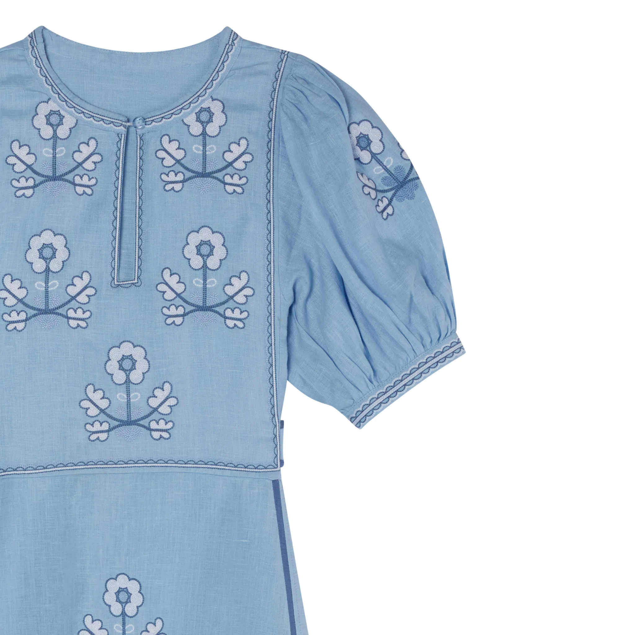 Lillie Ukrainian Embroidered Dress - Light Blue, White