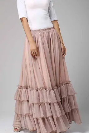 long chiffon tiered maxi skirt women skirts in blush pink 0663#