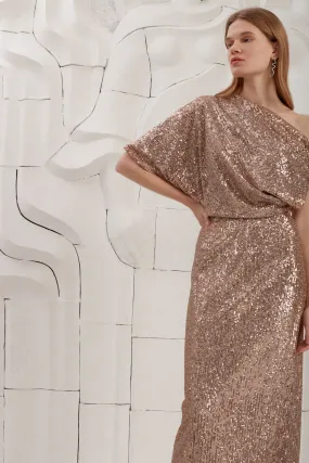 MARGO nude sequin asymmetric evening dress