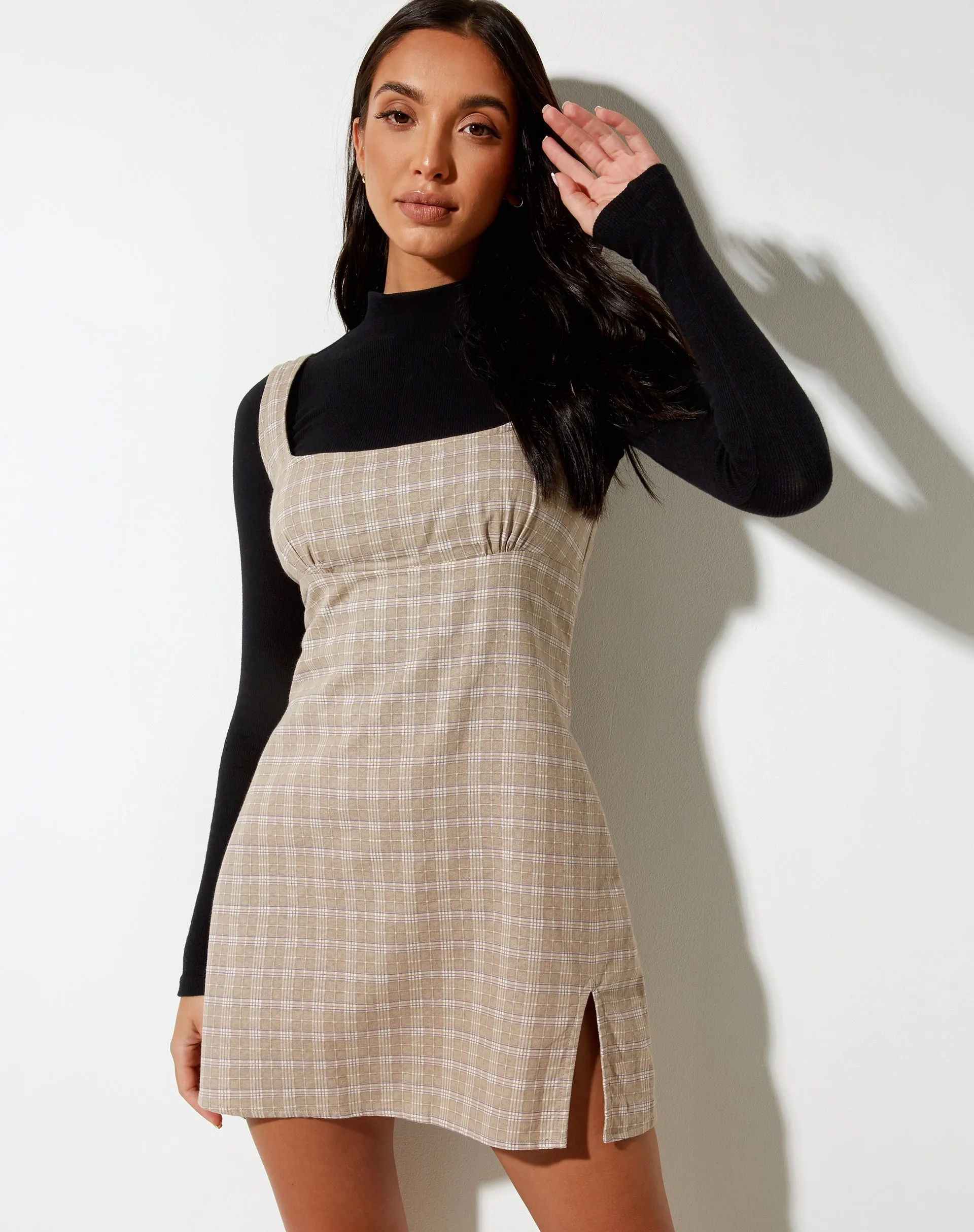 Mehra Mini Dress in Taupe Check