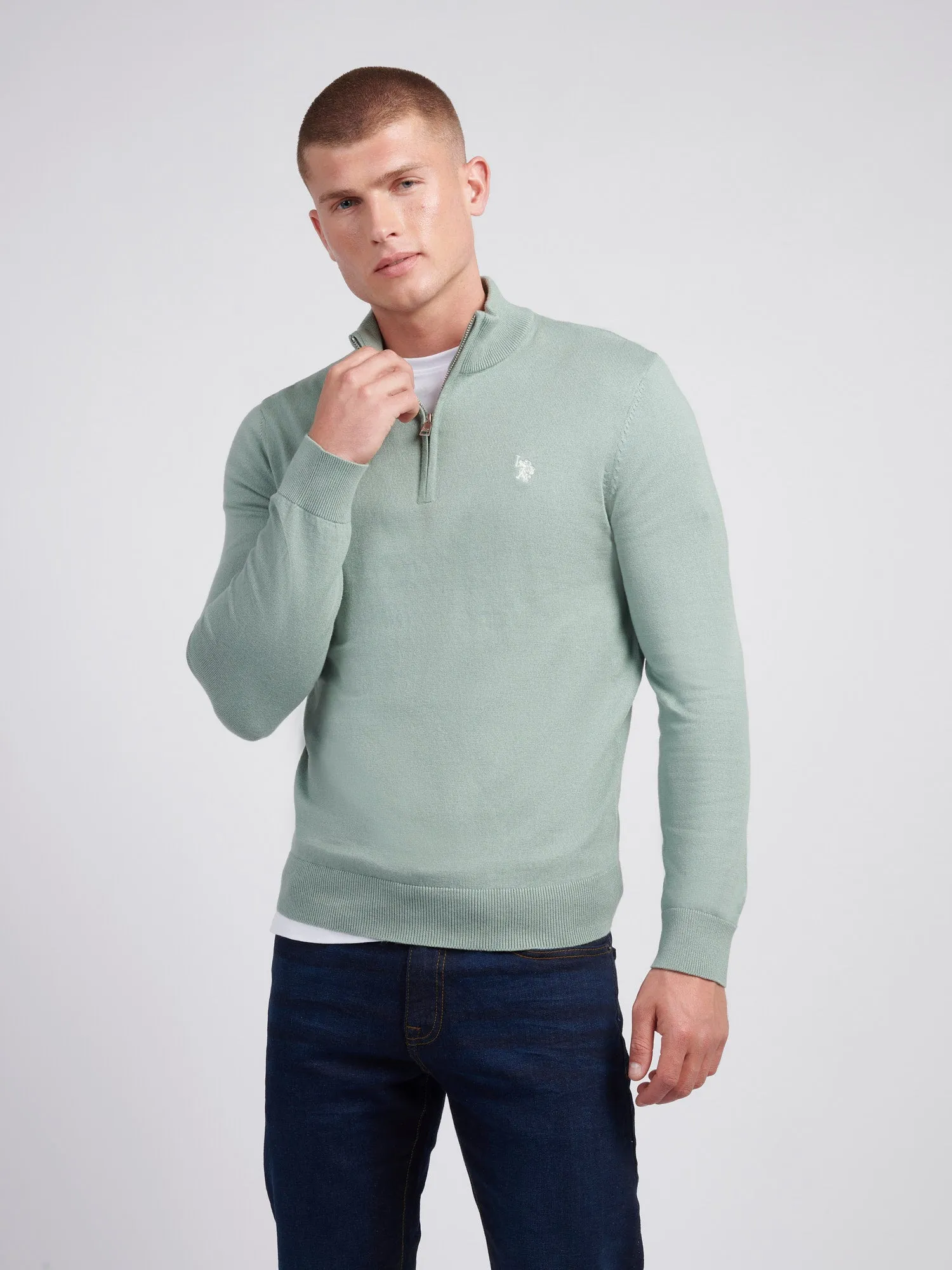 Mens Cotton Funnel Neck 1/4 Zip Knit in Chinois Green