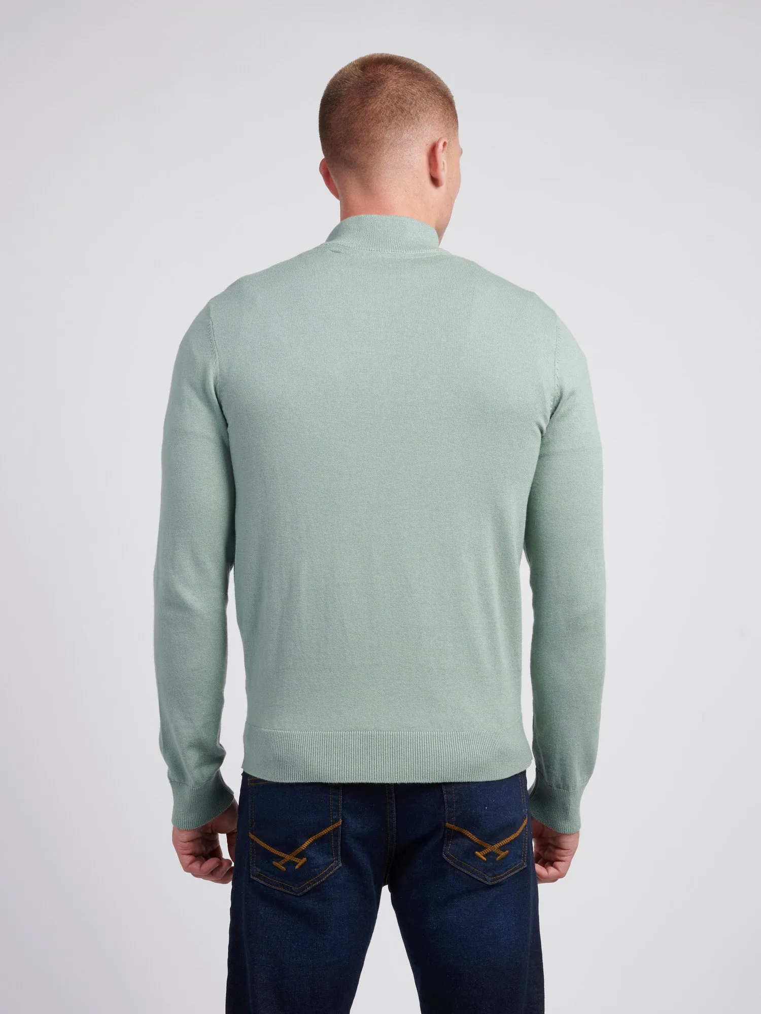 Mens Cotton Funnel Neck 1/4 Zip Knit in Chinois Green