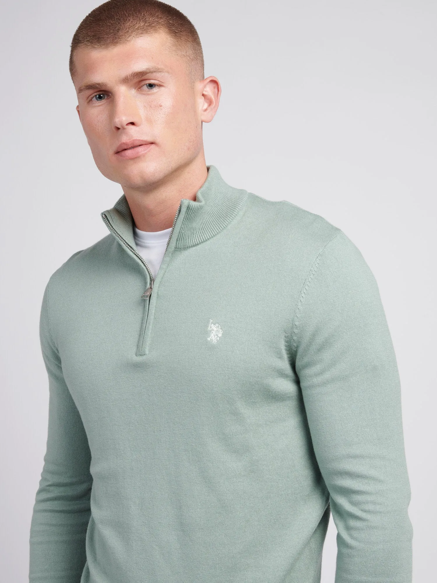 Mens Cotton Funnel Neck 1/4 Zip Knit in Chinois Green