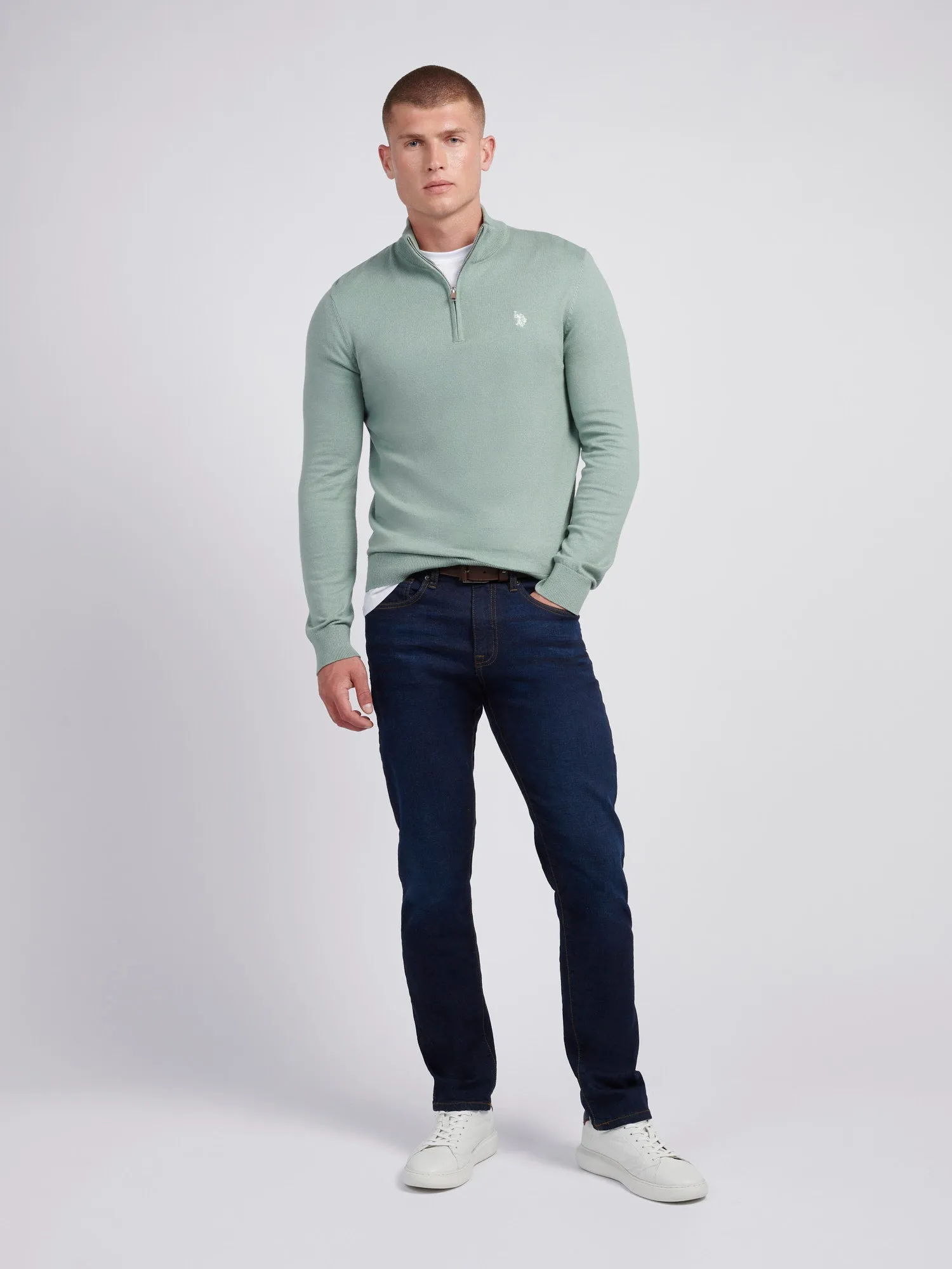 Mens Cotton Funnel Neck 1/4 Zip Knit in Chinois Green