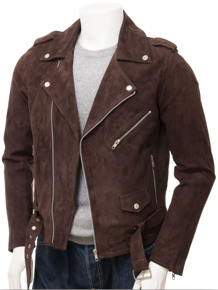 Men’s Dark Chocolate Brown Suede Leather Biker Jacket