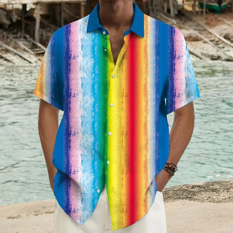 Men's Rainbow Stripe Hawaii Short-Sleeved Shirt 55854185YY