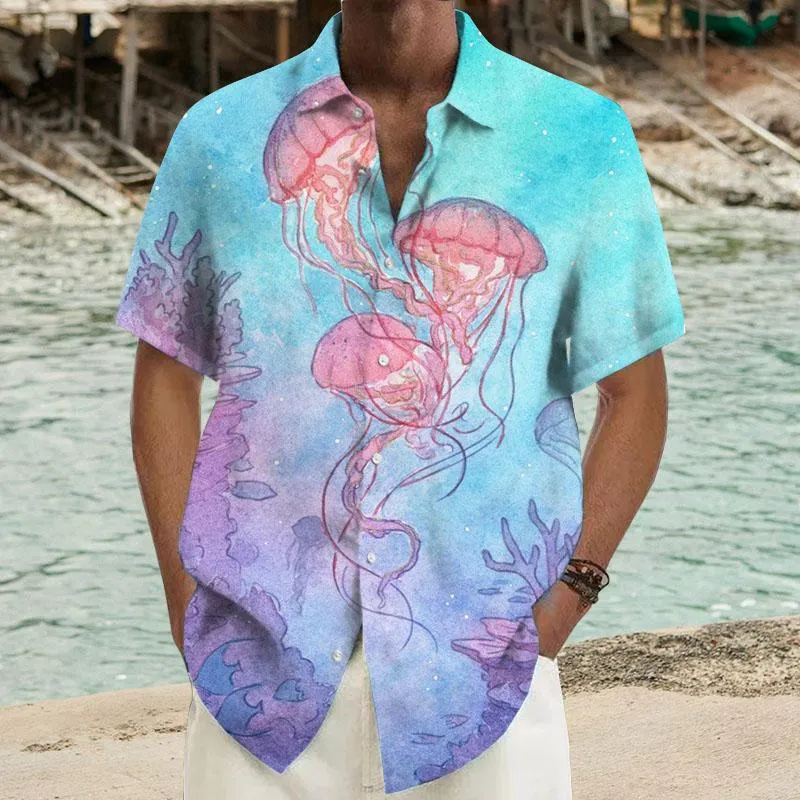 Men's Ramie Casual Jellyfish Printed Short-Sleeved Shirt 90312106YY