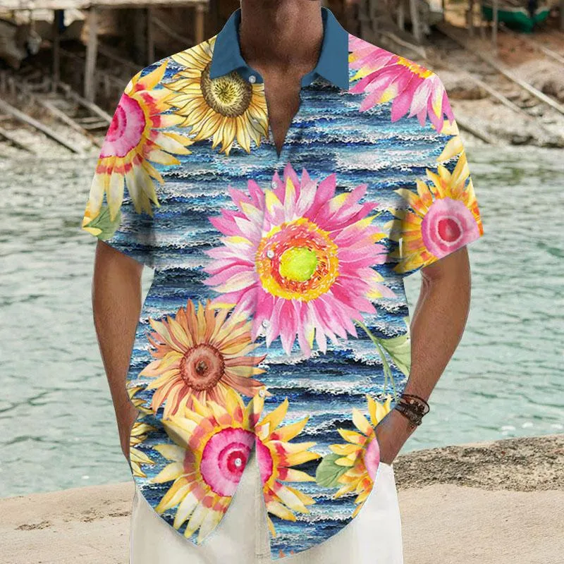 Men's Ramie Casual Sunflower Printed Short-Sleeved Shirt 98358756YY