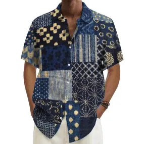 Men's Ramie Casual Temperament Printed Short-Sleeved Shirt 00667117YY