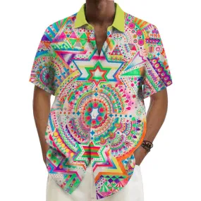 Men's Retro Printed Short-Sleeved Ramie Shirt 14552875YY