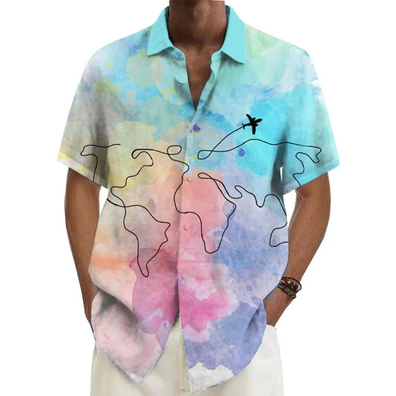 Men's Romantic Travel Route Printed Short-Sleeved Shirt 82399117YY