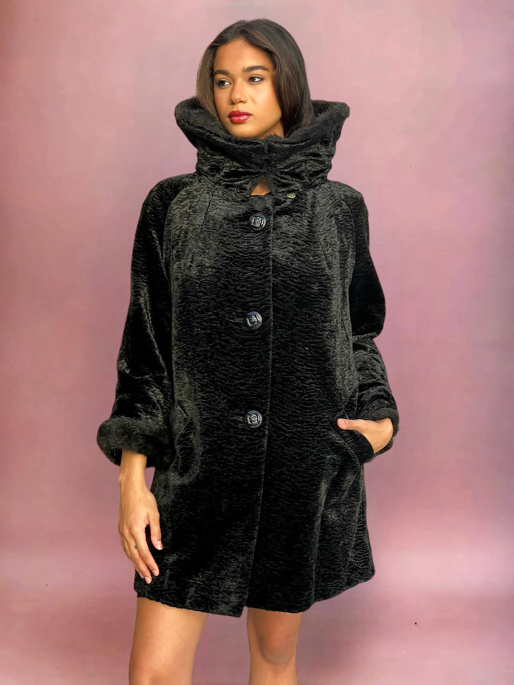 Mod 1960’s Tiger Stripe Patterned Black Velvet & Faux Fur Evening Coat