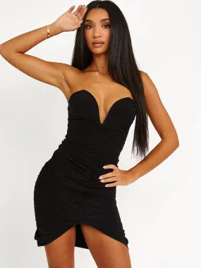 Naomi V-Bar Slinky Ruched Bandeau Dress In Black