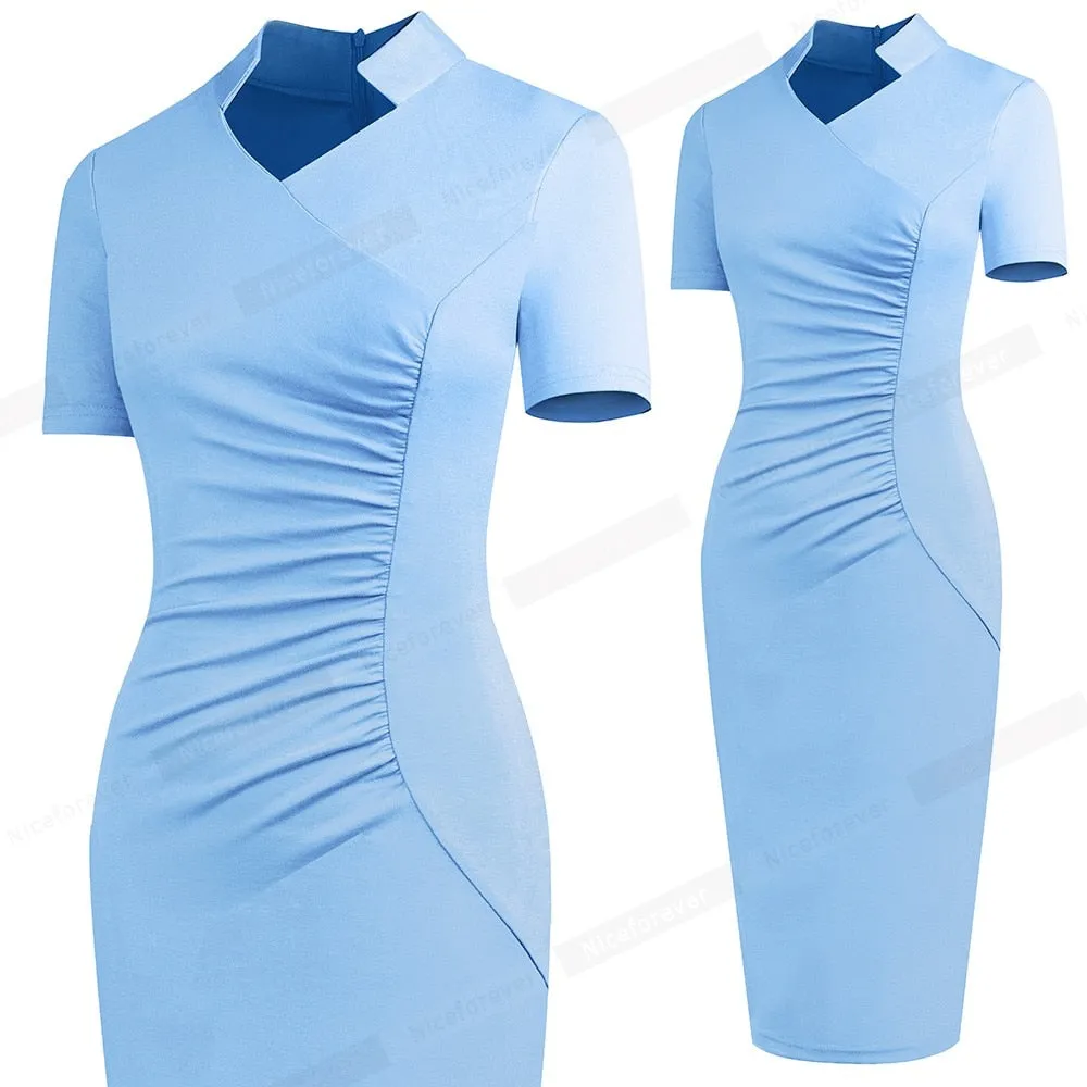 Nice-forever Vintage Elegant Solid with V neckline vestidos Business Party Bodycon Slim Women Work Dress B579