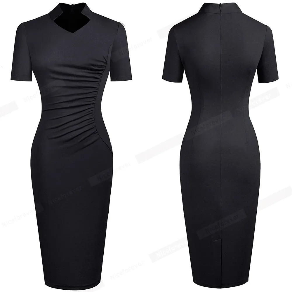 Nice-forever Vintage Elegant Solid with V neckline vestidos Business Party Bodycon Slim Women Work Dress B579